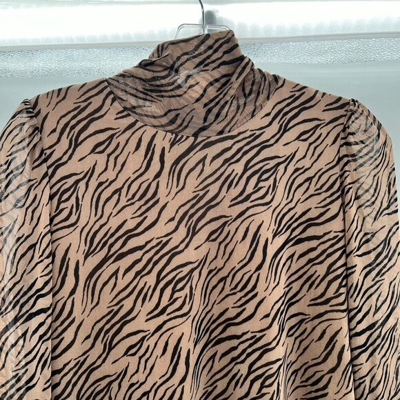 Jane & Delancey Animal Print Mock Neck Top Long Bishop Sleeve Brown Size Small - Picture 2 of 9